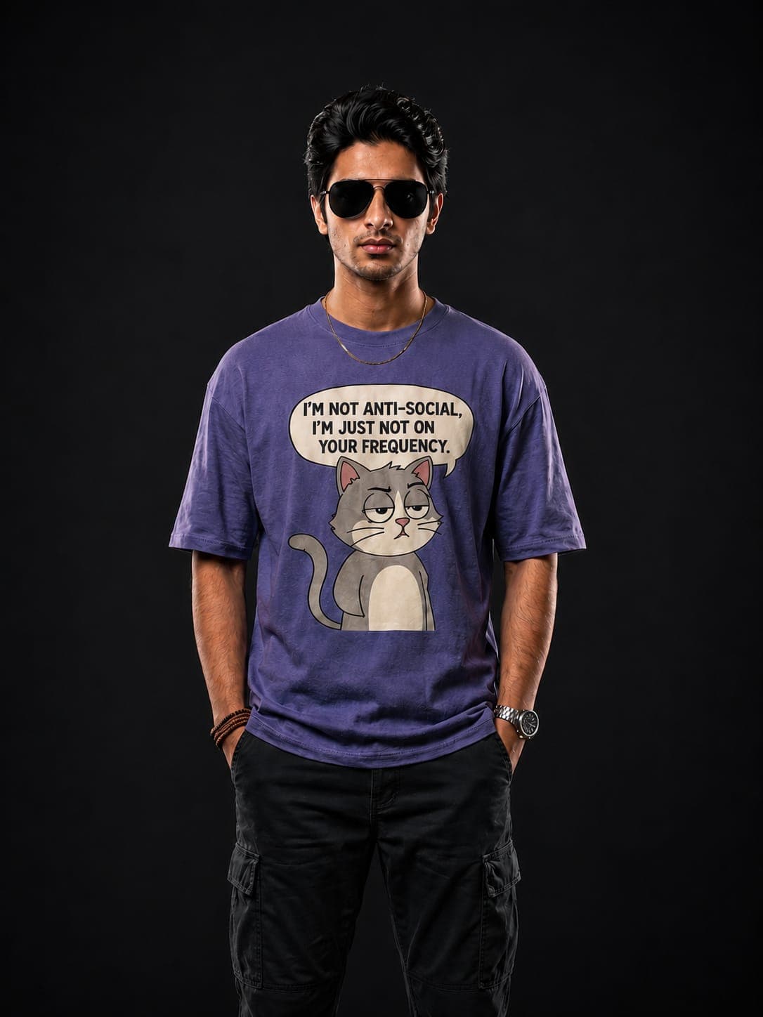 "Not On Your Frequency" Sassy Cat Oversized T-Shirt 1