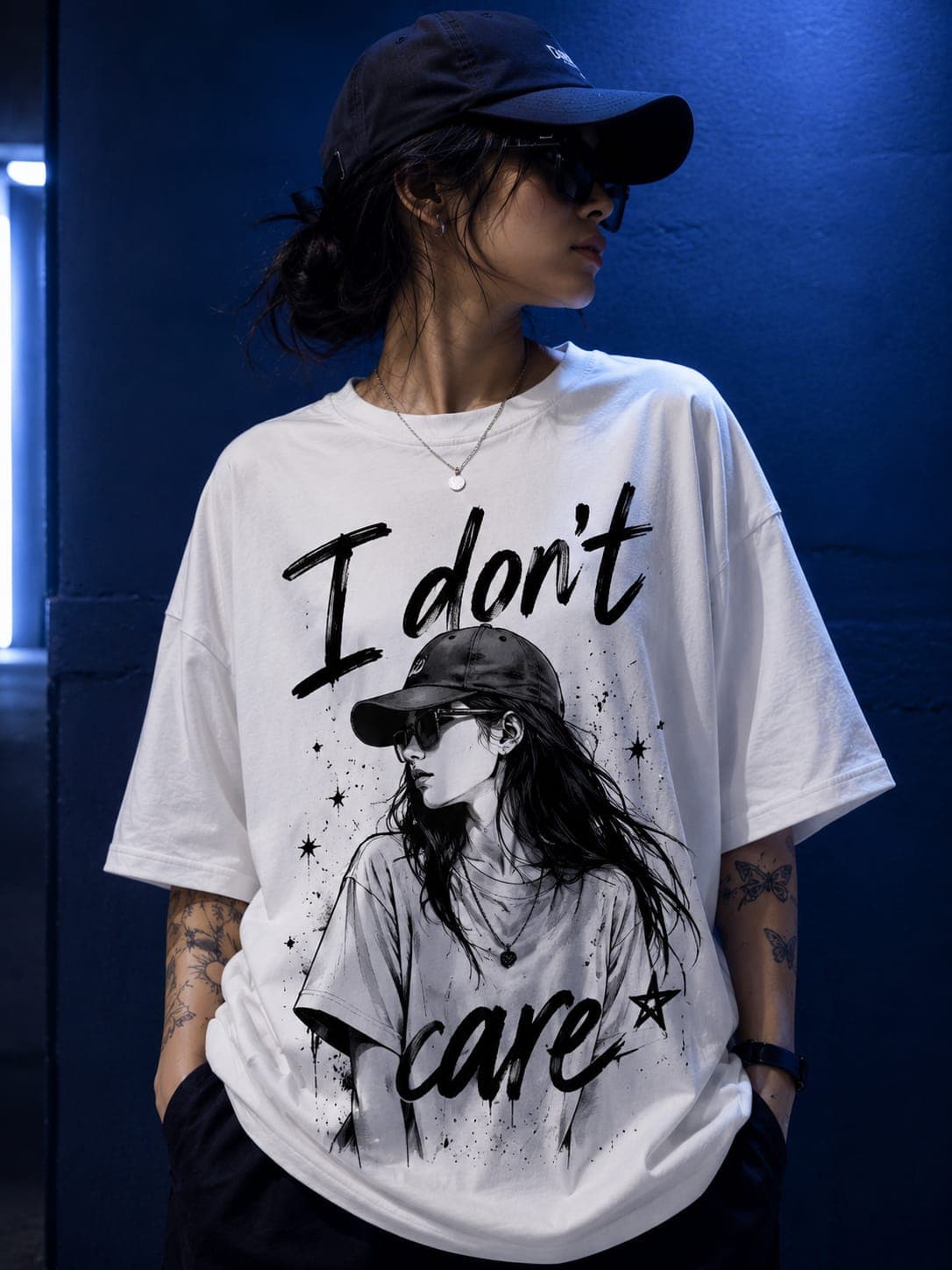 "I Don't Care" Graphic Oversized White T-Shirt 1