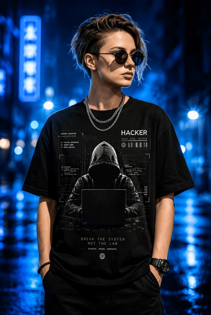 "Hacker: Break the System" Oversized Black Graphic T-Shirt 1