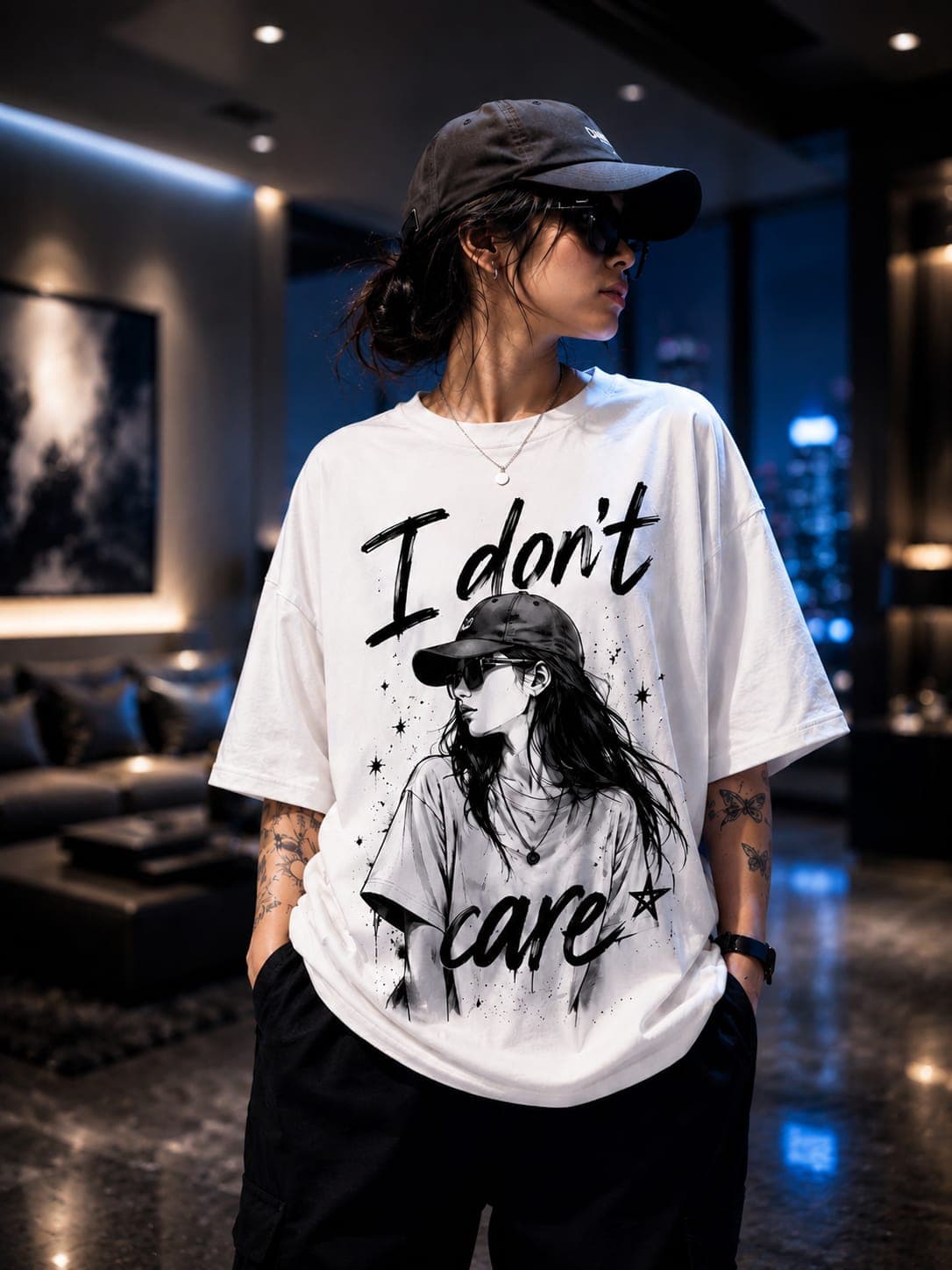 "I Don't Care" Graphic Oversized White T-Shirt