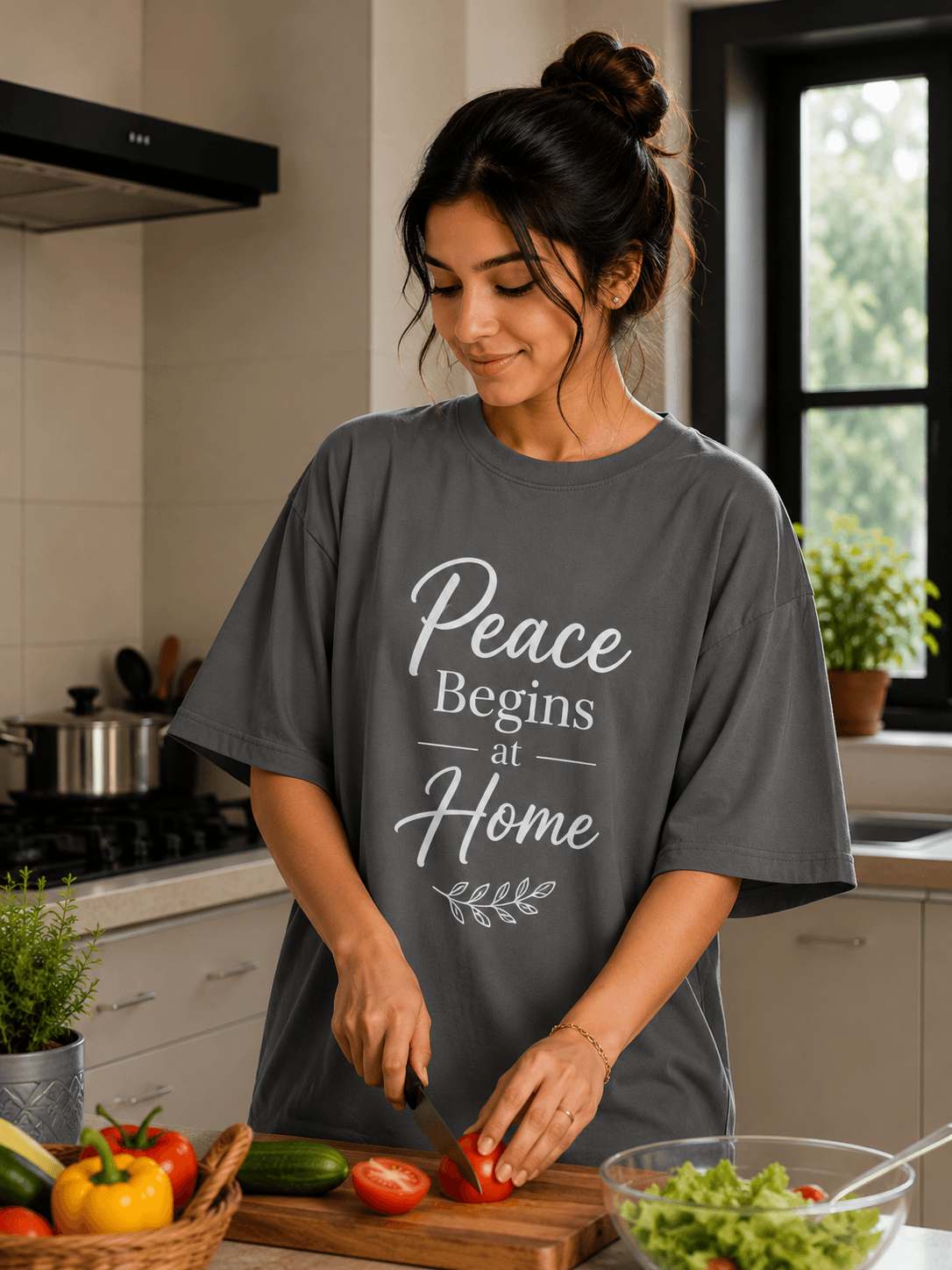 Peace Begins at Home Relaxed Fit Oversized T-Shirt — Smokey Grey 1