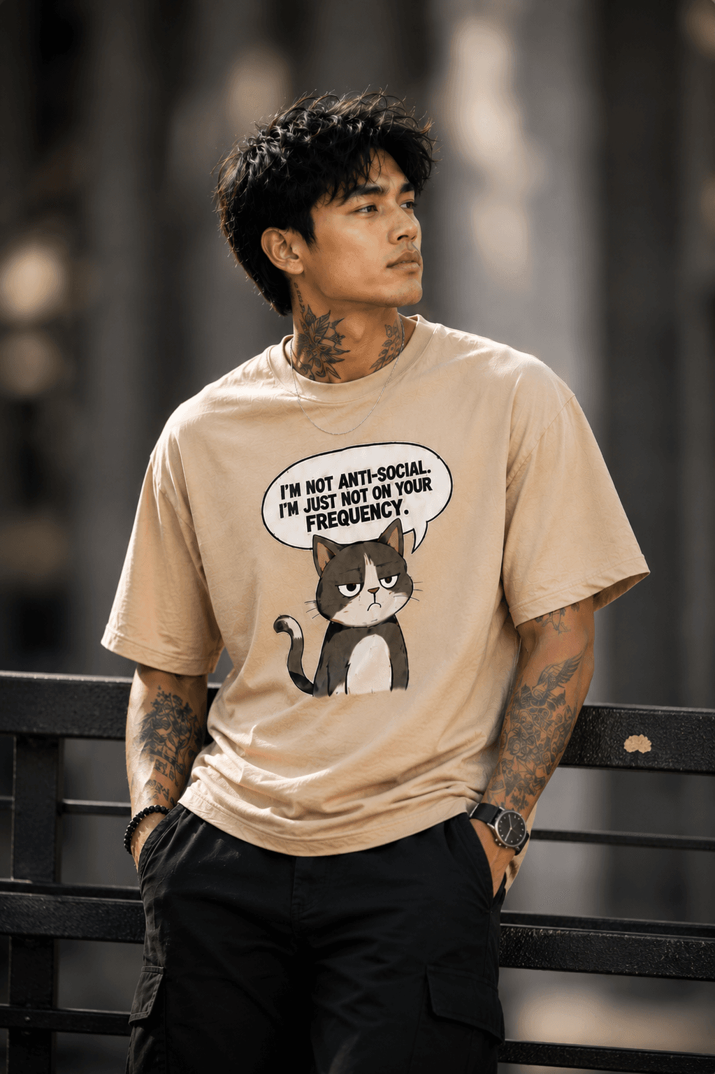 "Not On Your Frequency" Grumpy Cat Graphic Oversized T-Shirt — Beige 1