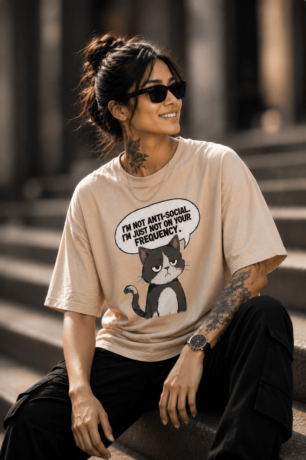 "Not On Your Frequency" Grumpy Cat Graphic Oversized T-Shirt — Beige 1