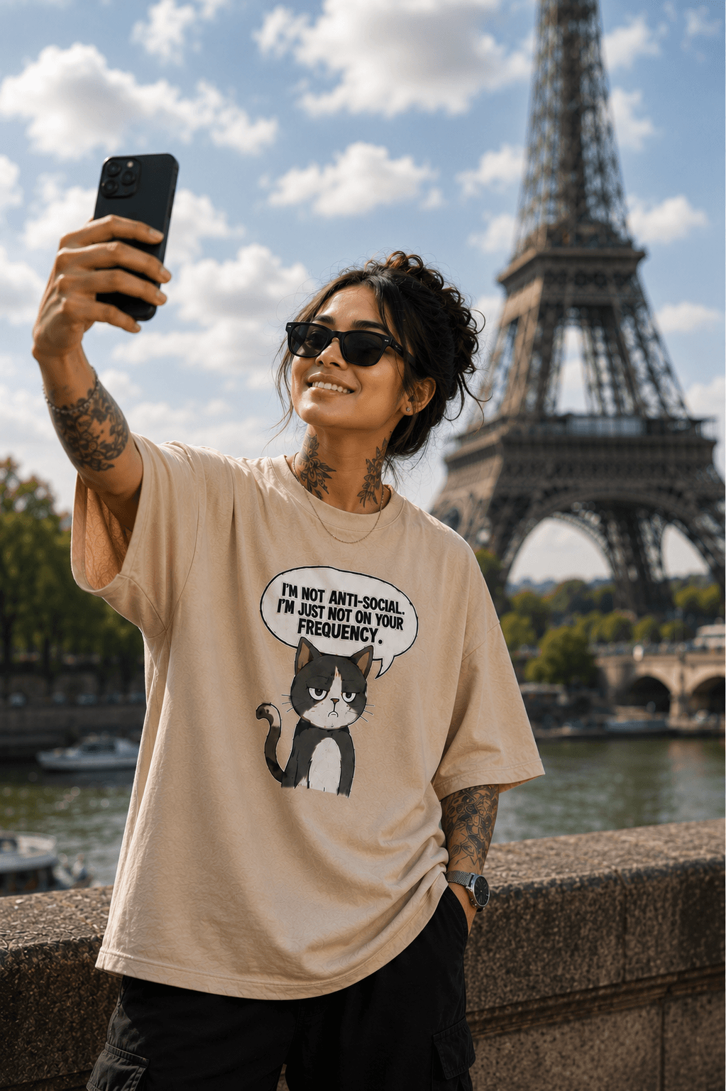 "Not On Your Frequency" Grumpy Cat Graphic Oversized T-Shirt — Beige 3