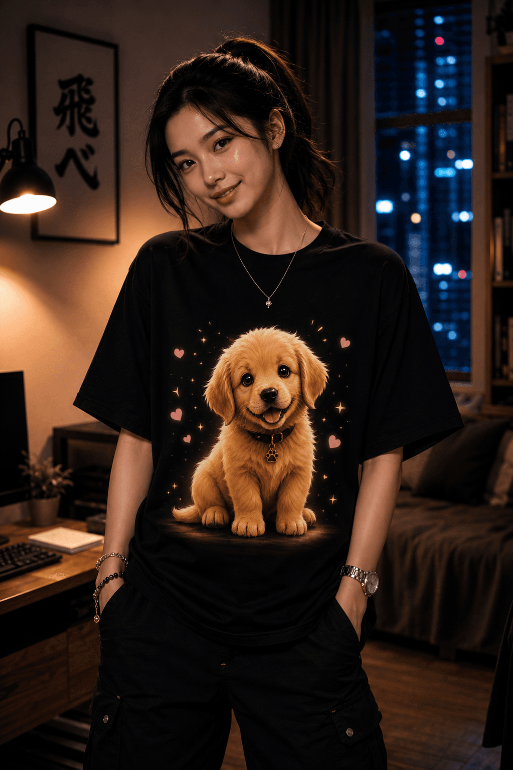 Cute Golden Retriever Puppy Black T-Shirt | Girl Aesthetic — Black 1