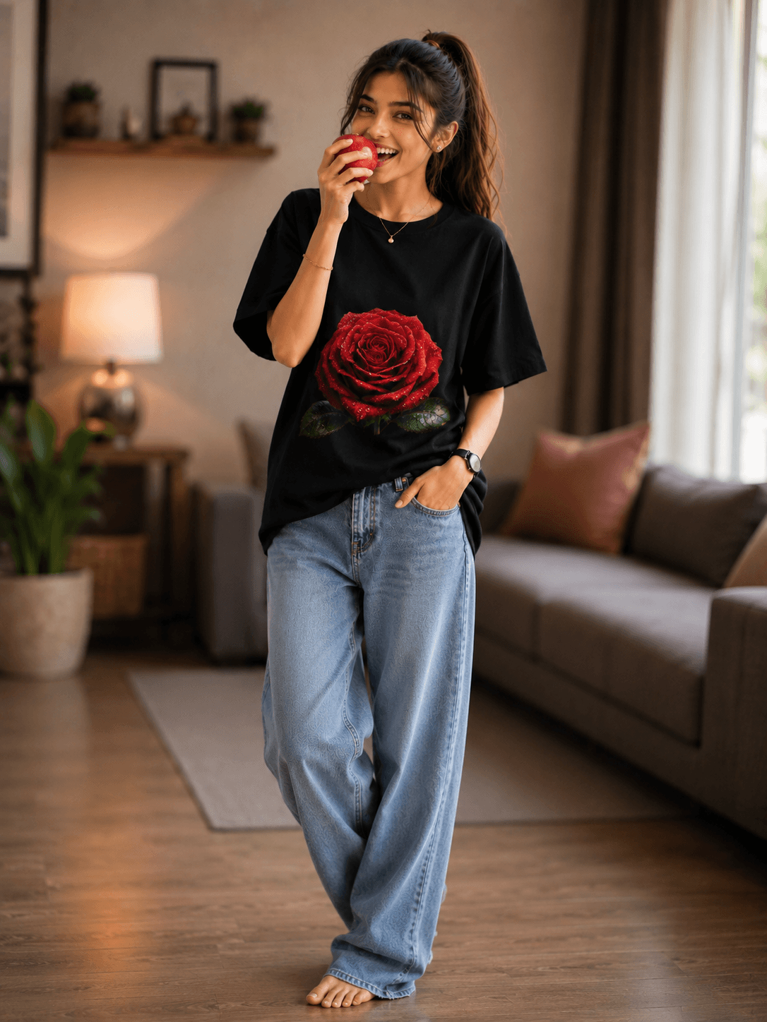 Elegant Red Rose Black Graphic T-Shirt for Women — Black 1