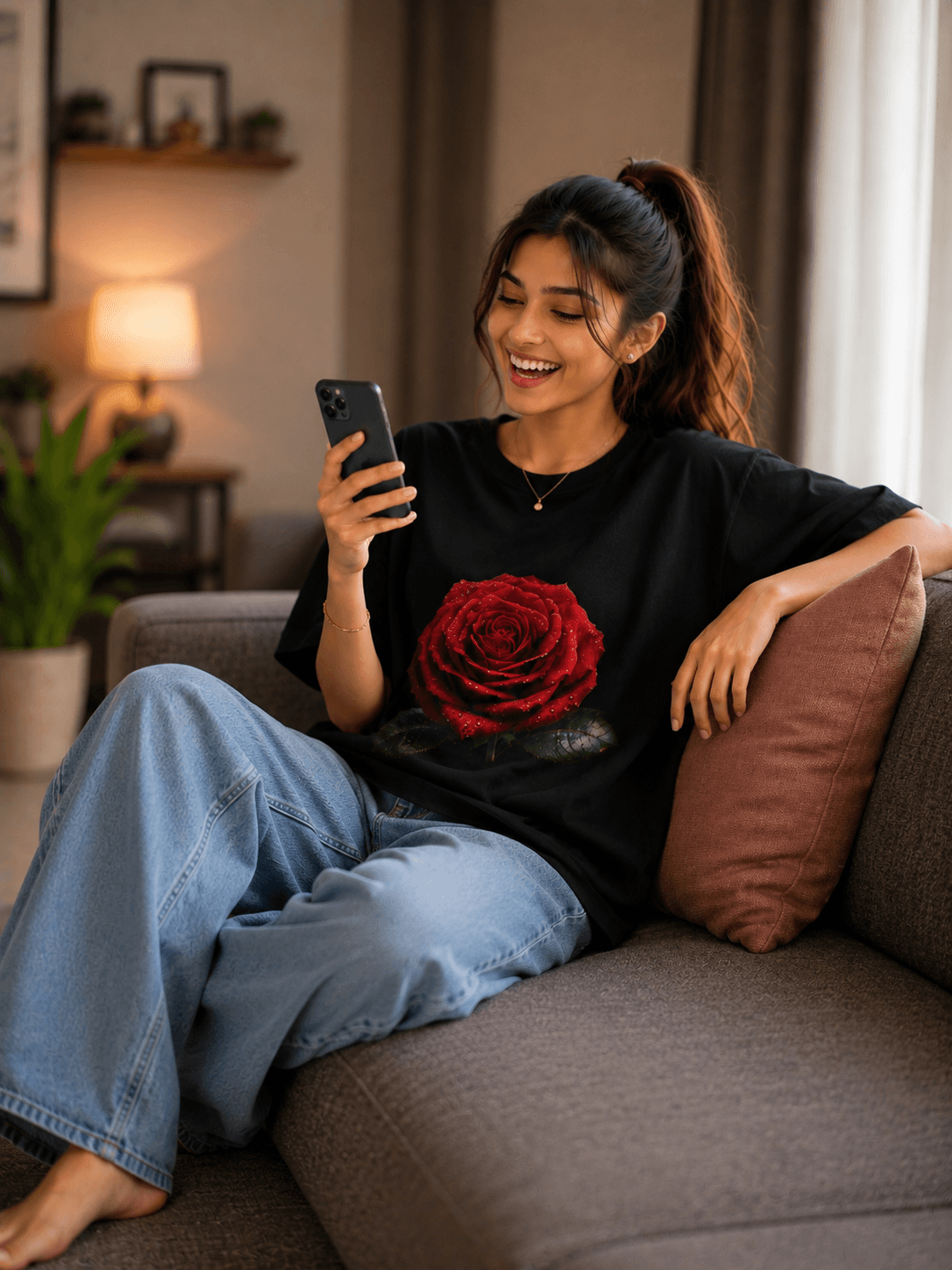 Elegant Red Rose Black Graphic T-Shirt for Women — Black 2