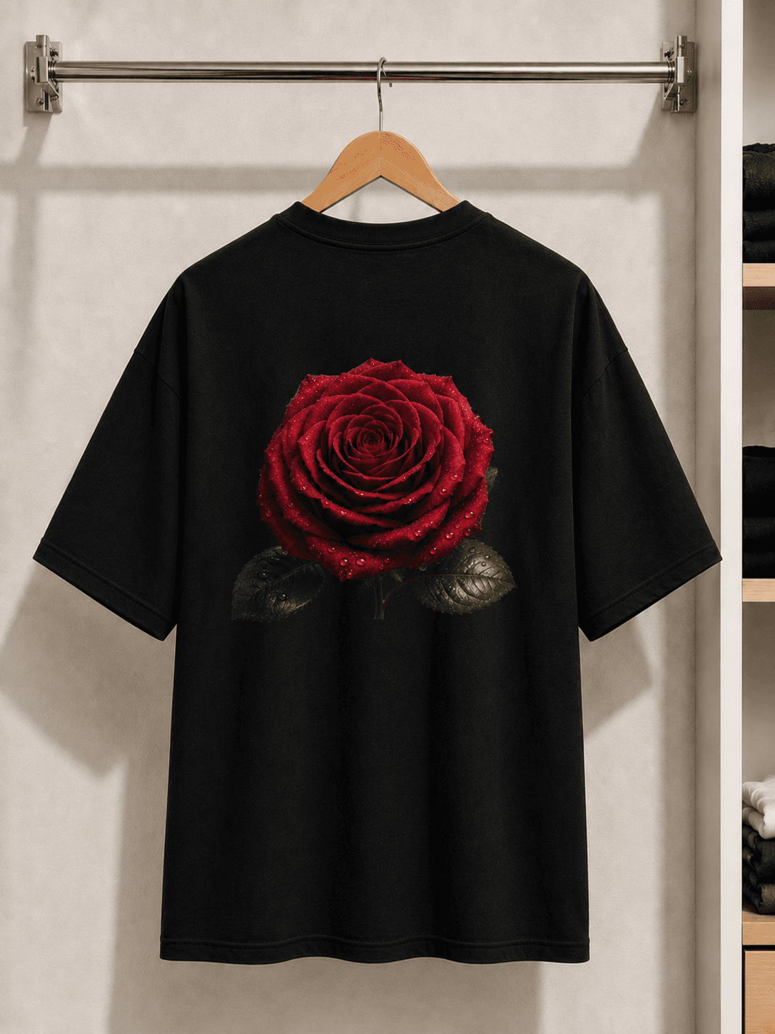 Elegant Red Rose Black Graphic T-Shirt for Women — Black 4