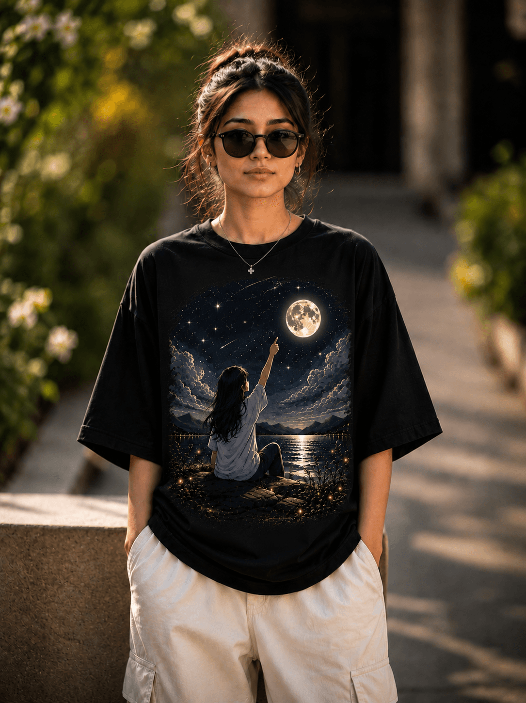 "Aim for the Moon" Aesthetic Dreamer Graphic Oversized T-Shirt — Black 1
