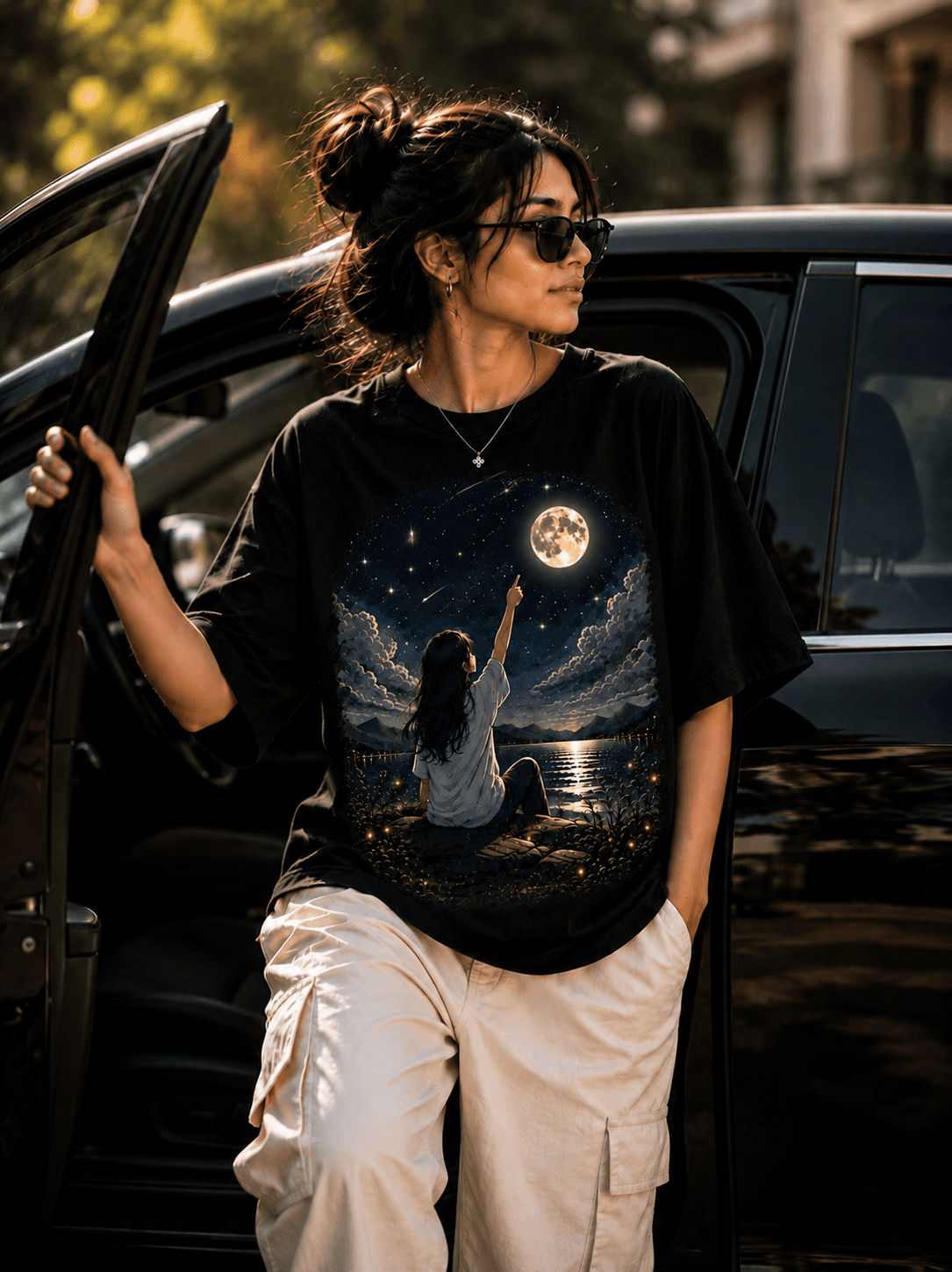 "Aim for the Moon" Aesthetic Dreamer Graphic Oversized T-Shirt — Black 3