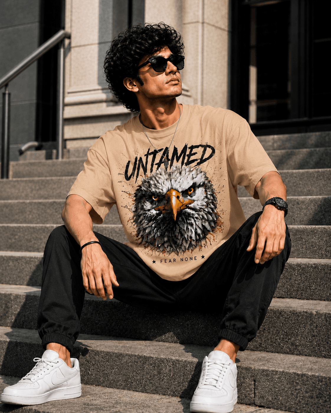 "Untamed: Fear None" Eagle Graphic Oversized T-Shirt — Beige 2