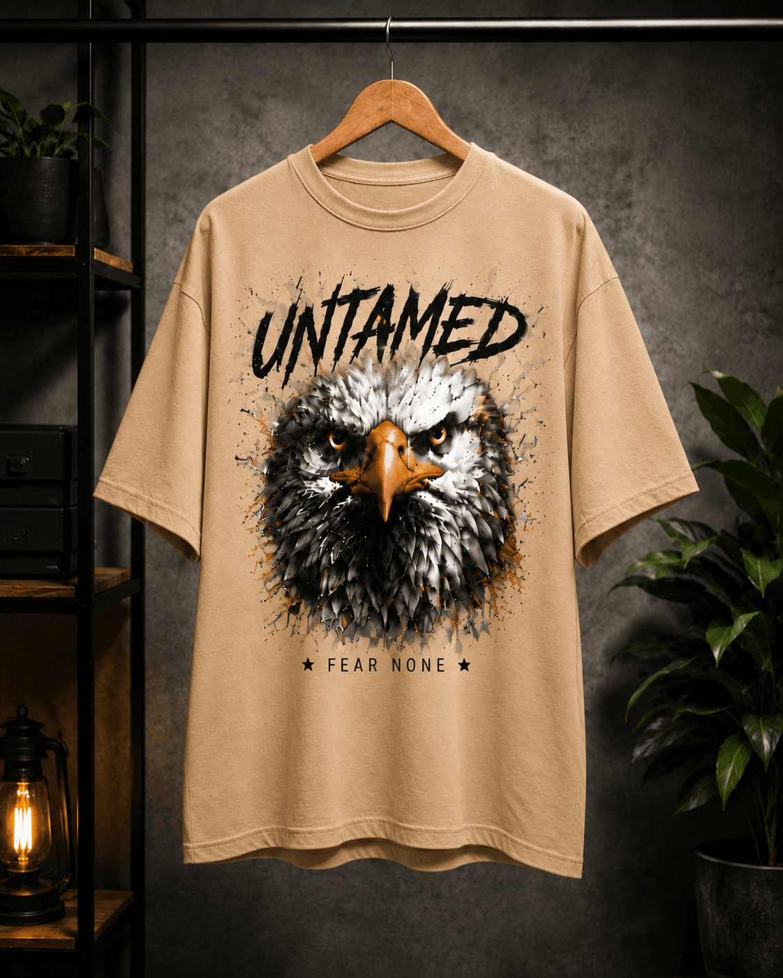 "Untamed: Fear None" Eagle Graphic Oversized T-Shirt — Beige 4