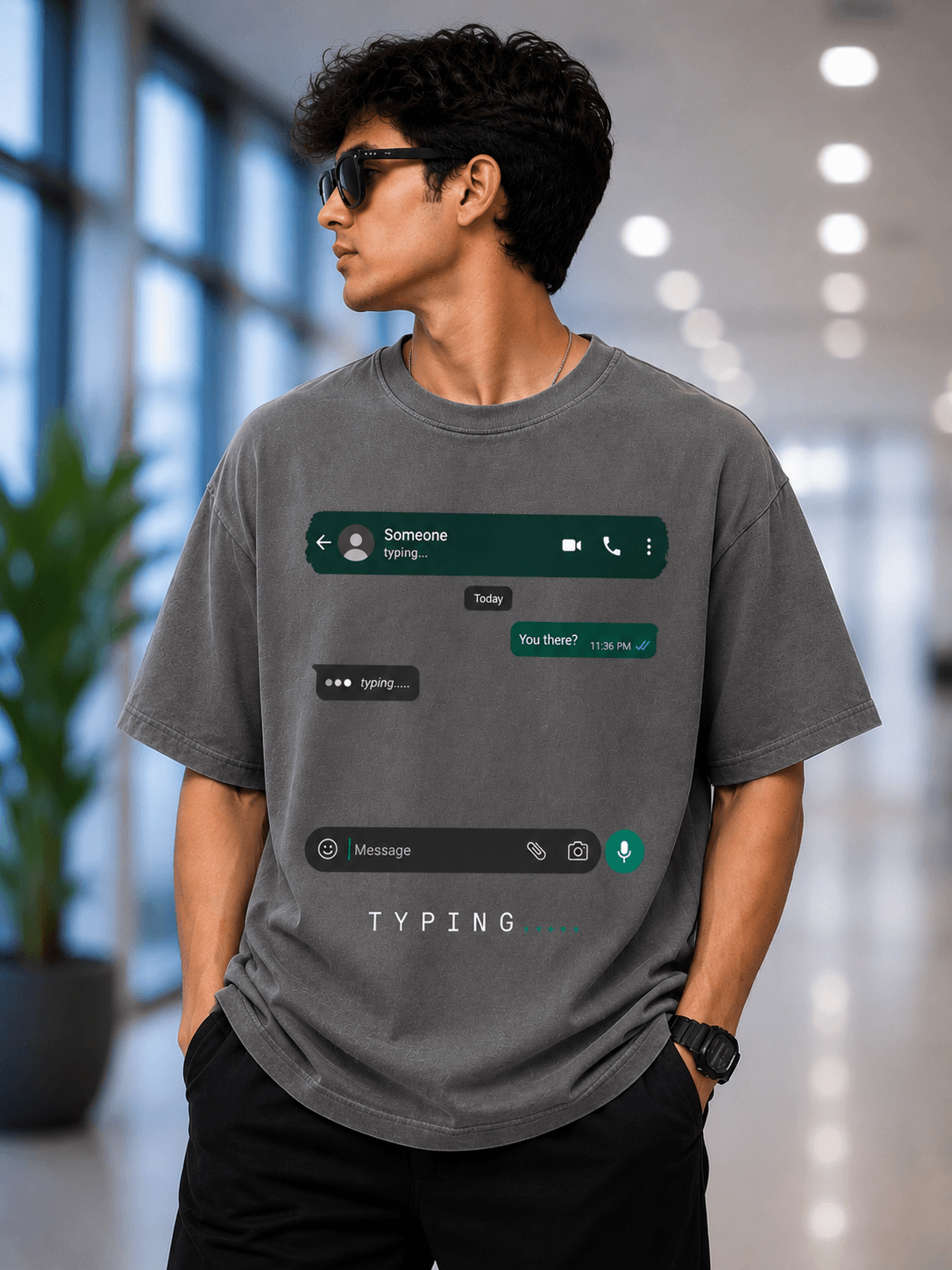 Typing... Oversized Black T-Shirt – WhatsApp Inspired Graphic | PIMBL STYLES — Smokey Grey 4