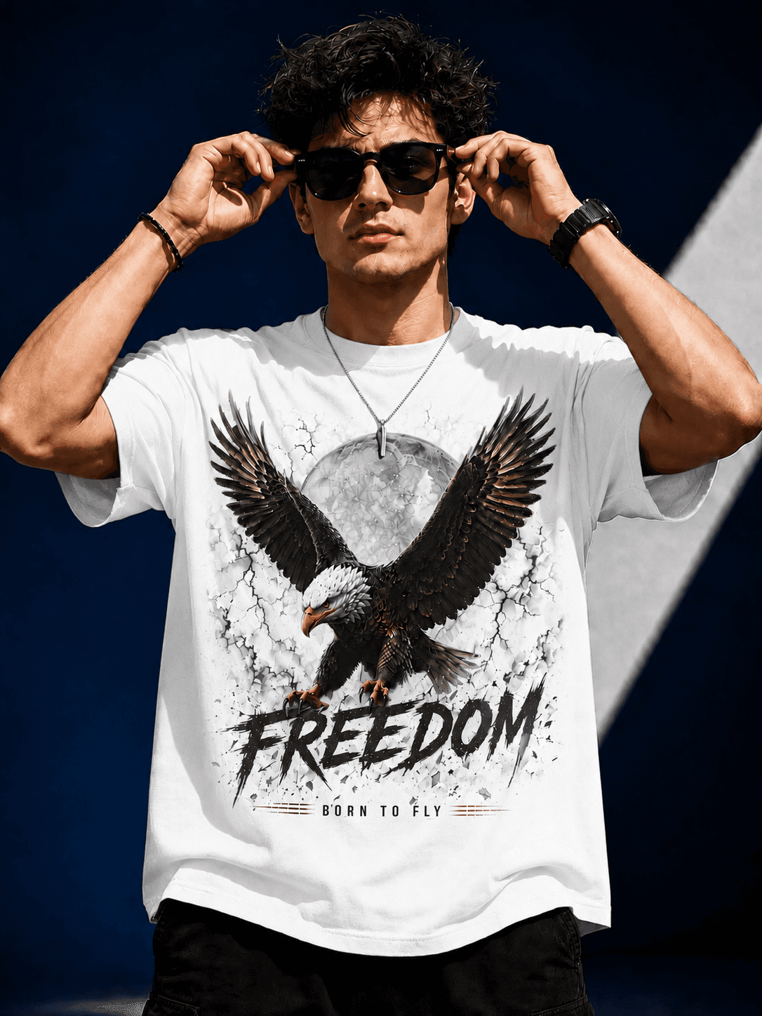 "Freedom: Born to Fly" Eagle Graphic Oversized T-Shirt — White 2