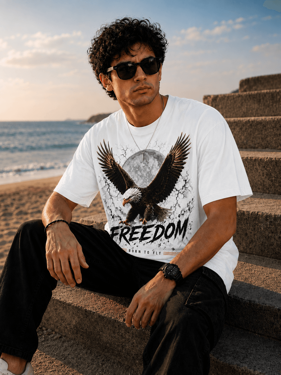 "Freedom: Born to Fly" Eagle Graphic Oversized T-Shirt — White 3