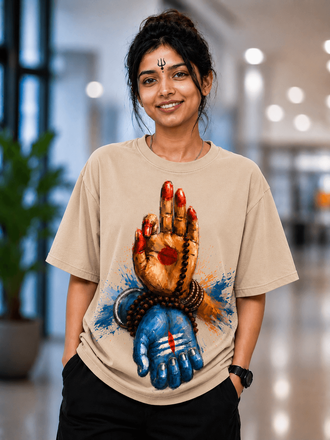 Har Har Mahadev Oversized Graphic T-Shirt | PIMBL Styles — Beige 1