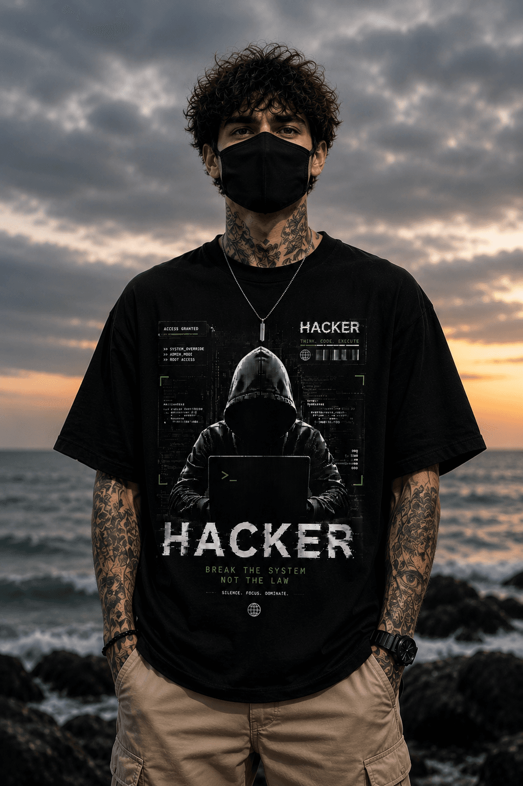 "Hacker: Break The System" Cyberpunk Graphic Oversized T-Shirt — Black 2