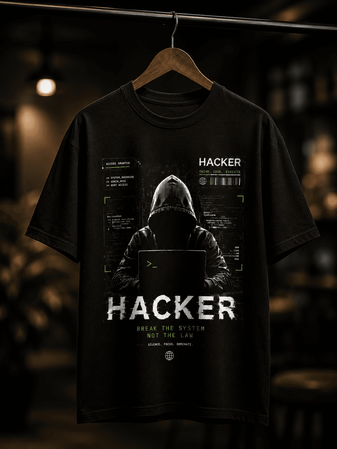 "Hacker: Break The System" Cyberpunk Graphic Oversized T-Shirt — Black 3
